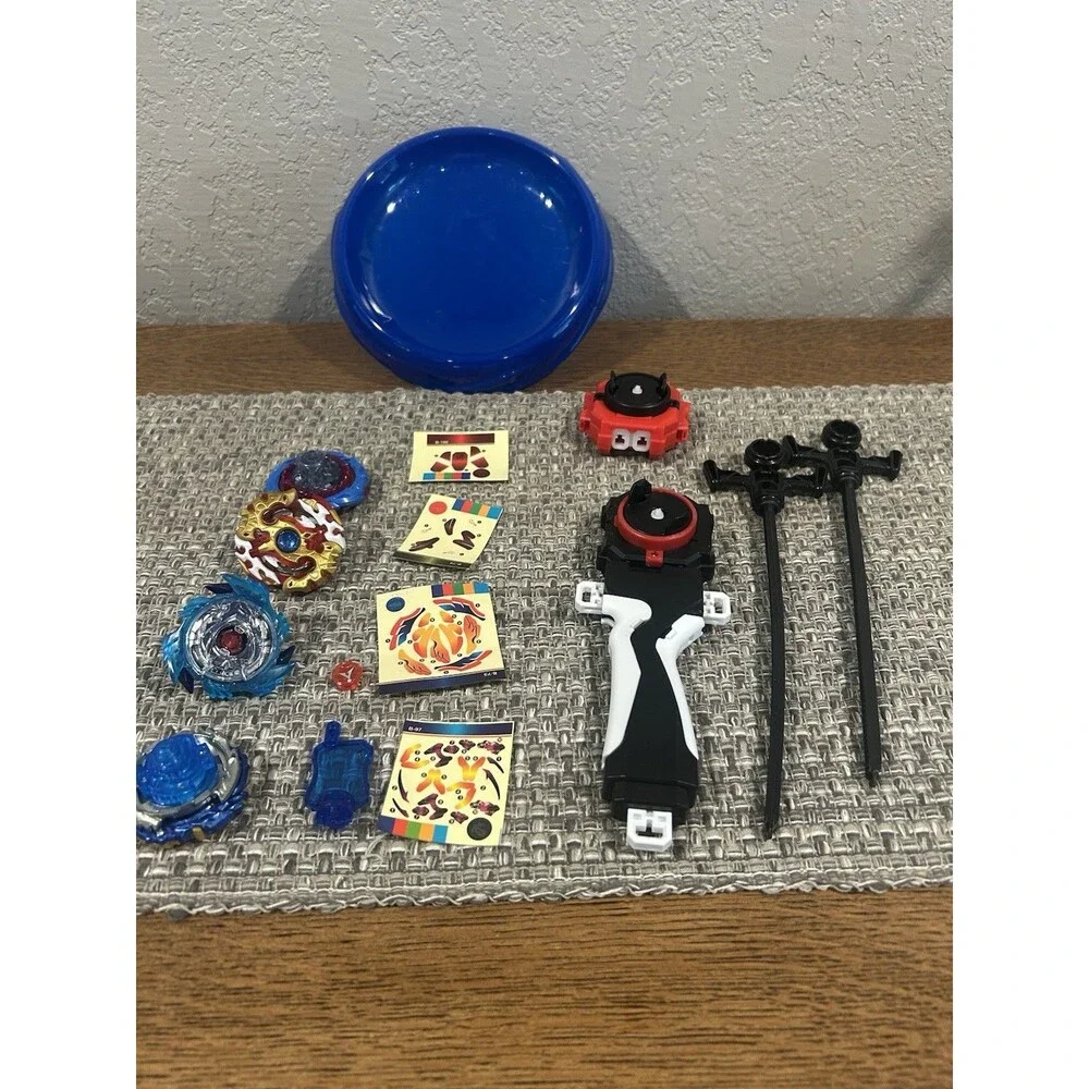 Beyblade Lot And 2 Launchers 2 Rip Cords 4 Blades Stickers Blue Tray Takara Tony